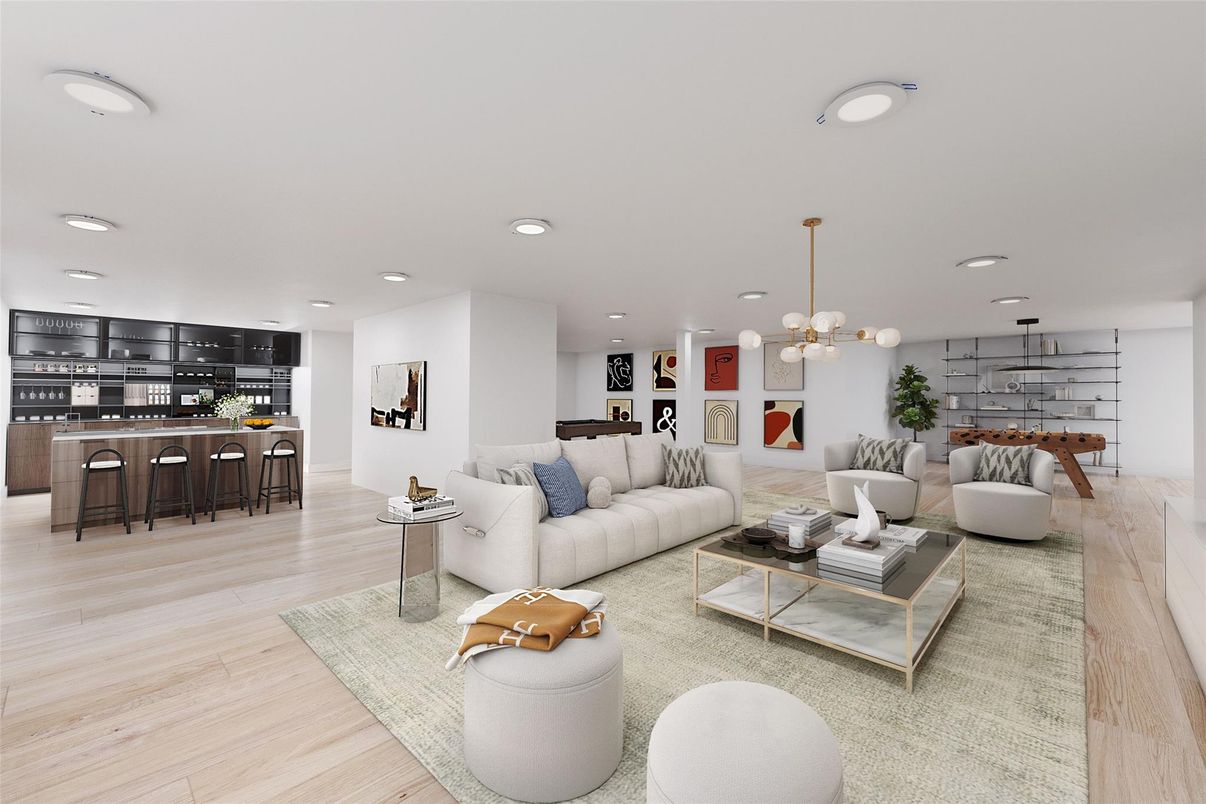 Dining room, Interior, Living room, Pendant Lights, Recessed Lighting, Wood Texture Flooring