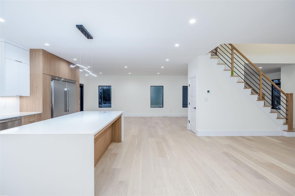 Interior, Kitchen, Pendant Lights, Recessed Lighting, Stainless Steel Appliances, Wood Texture Flooring