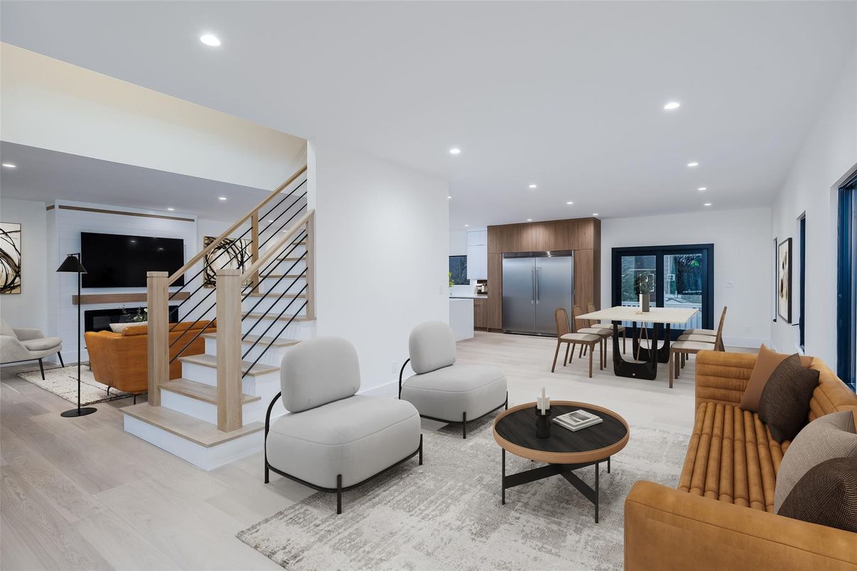 Dining room, Interior, Kitchen, Living room, Recessed Lighting, Stainless Steel Appliances, Wood Texture Flooring