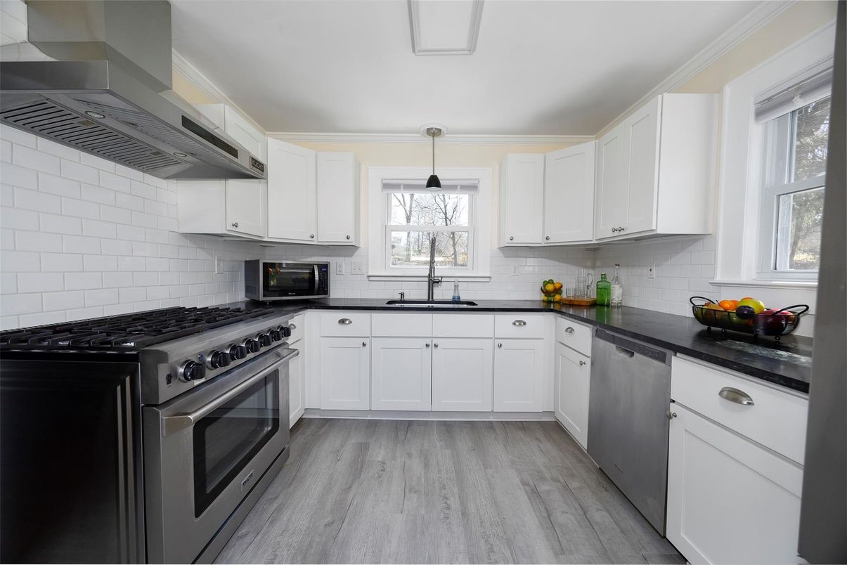 Interior, Kitchen, Pendant Lights, Stainless Steel Appliances, Wood Texture Flooring
