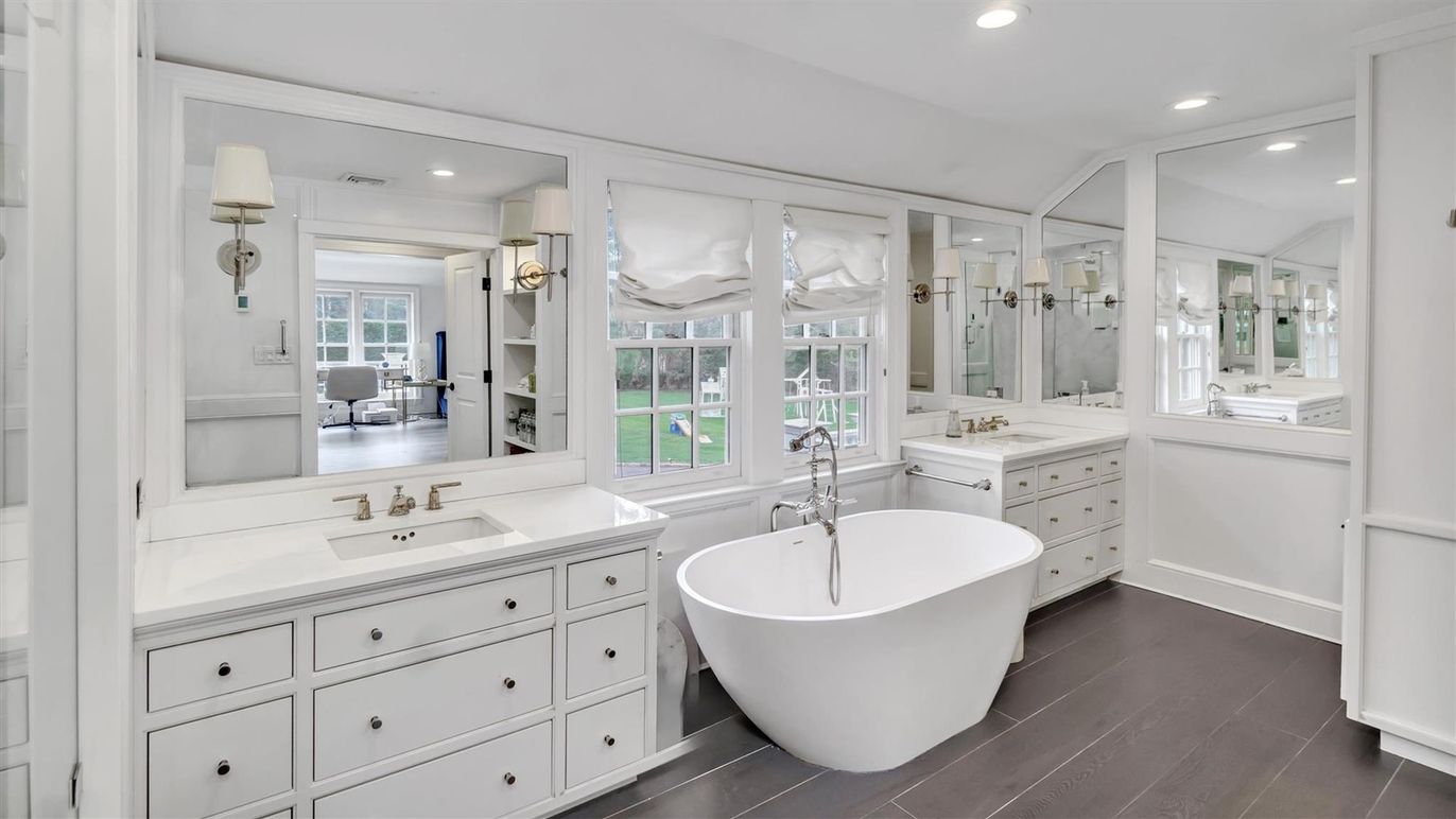 Bathroom, Dual Sink Vanities, Free Standing Baths, Interior, Recessed Lighting, Wood Texture Flooring