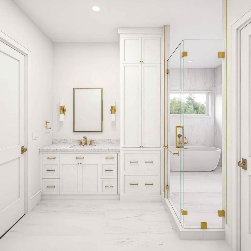 Bathroom, Dual Sink Vanities, Free Standing Baths, Glass Shower, Interior, Marble, Marble Walls, Recessed Lighting
