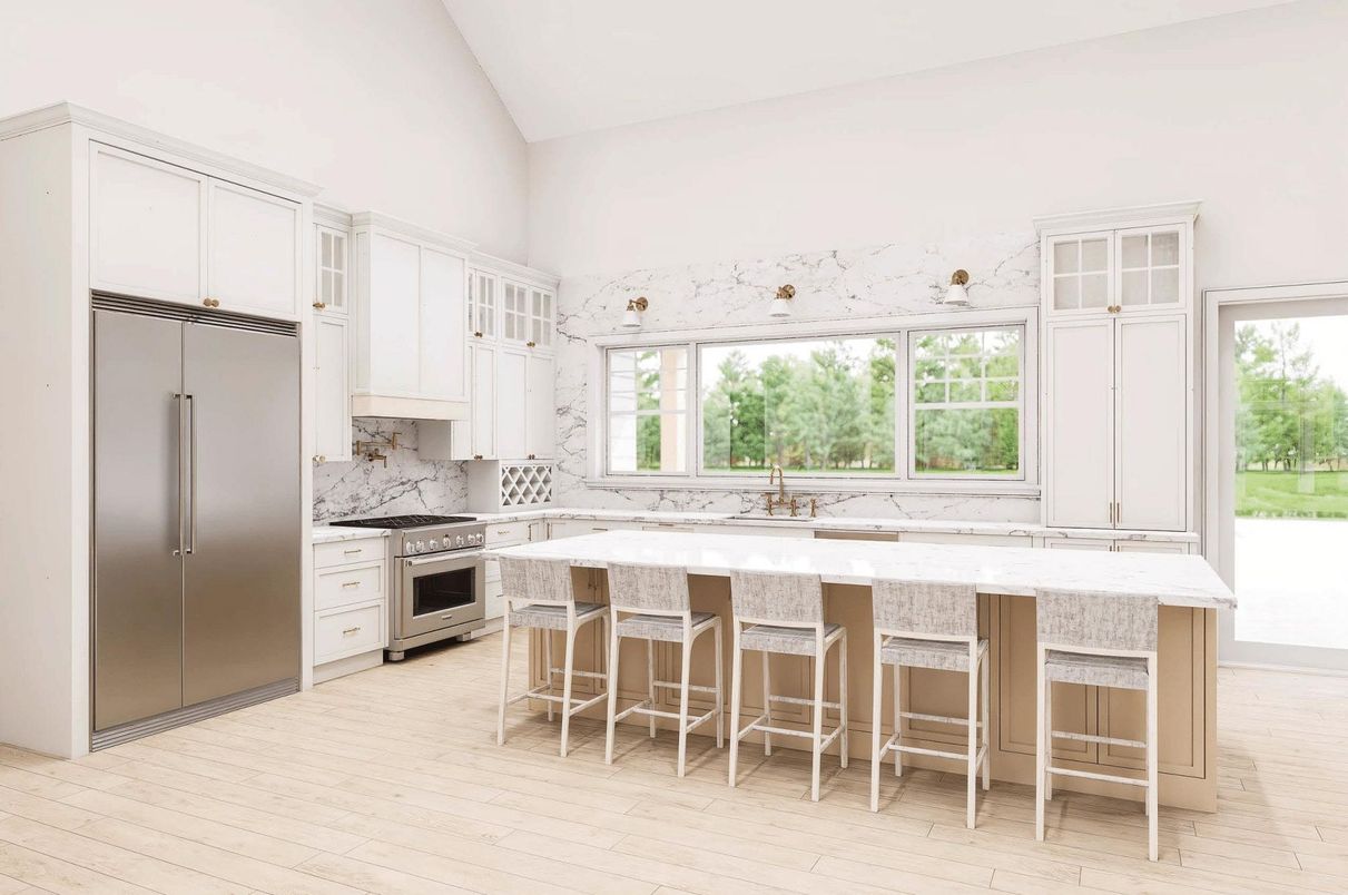 Interior, Kitchen, Marble Walls, Stainless Steel Appliances, Wood Texture Flooring