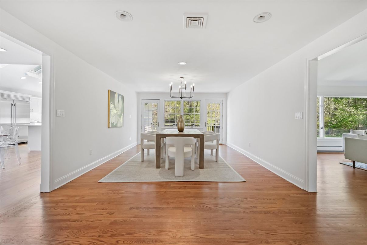 Dining room, Interior, Pendant Lights, Recessed Lighting, Wood Texture Flooring