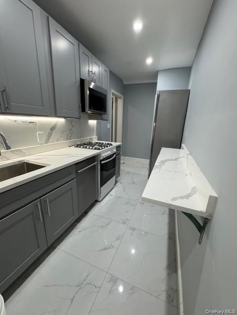 Interior, Kitchen, Marble, Recessed Lighting, Stainless Steel Appliances