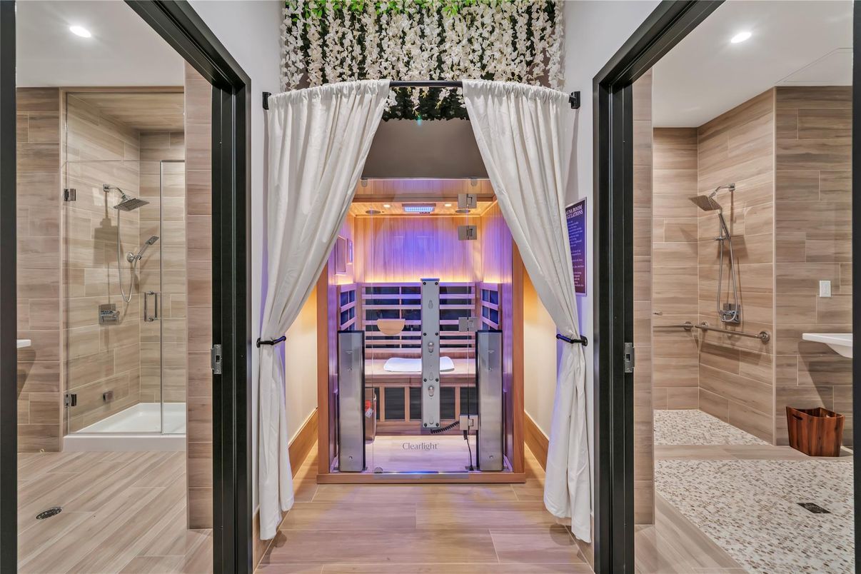 Bathroom, Glass Shower, Interior, Recessed Lighting, Wood Texture Flooring, Wooden Walls
