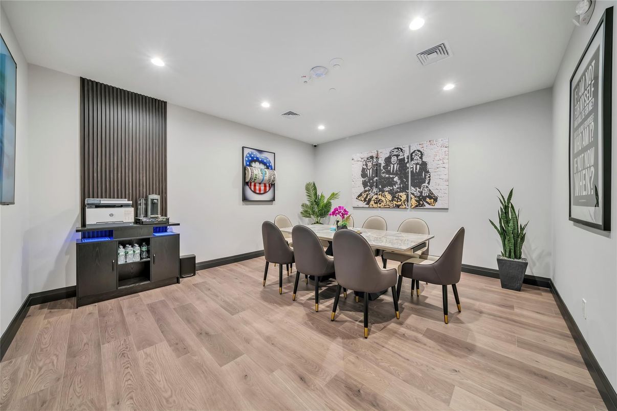 Dining room, Interior, Recessed Lighting, Wood Texture Flooring