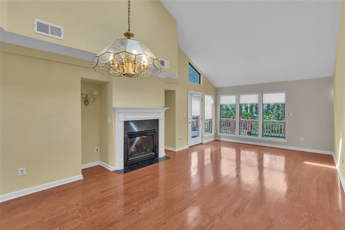 Chandelier, Empty room, Fireplace, Interior, Wood Texture Flooring