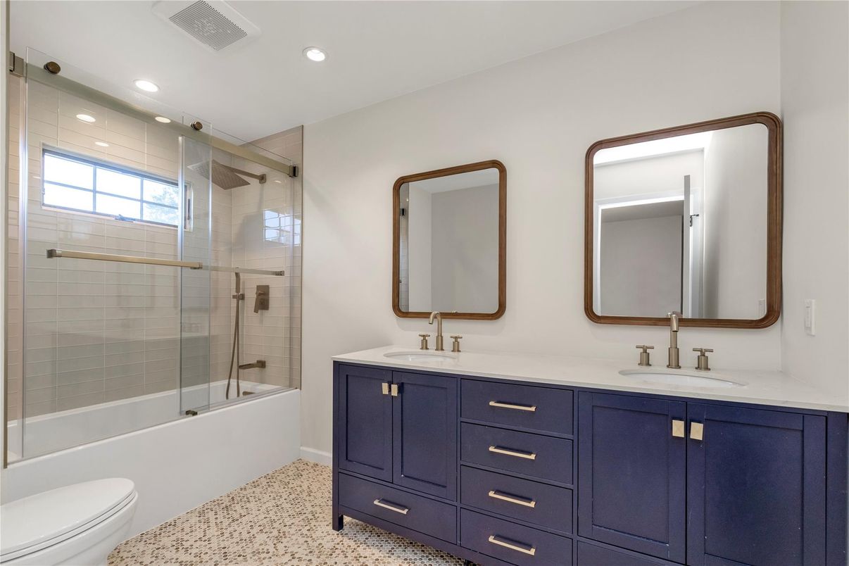 Bathroom, Dual Sink Vanities, Glass Shower, Interior, Recessed Lighting