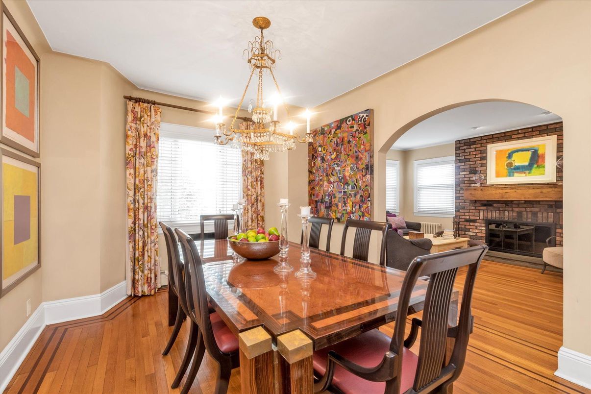 Chandelier, Dining room, Fireplace, Interior, Stone Walls, Wood Texture Flooring