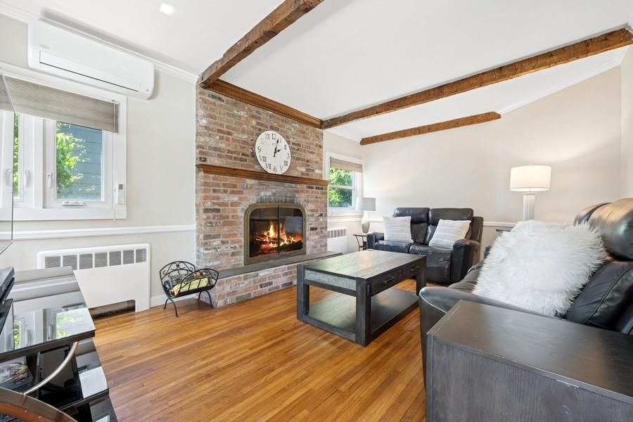 Fireplace, Interior, Living room, Recessed Lighting, Stone Walls, Wooden Beams, Wood Texture Flooring
