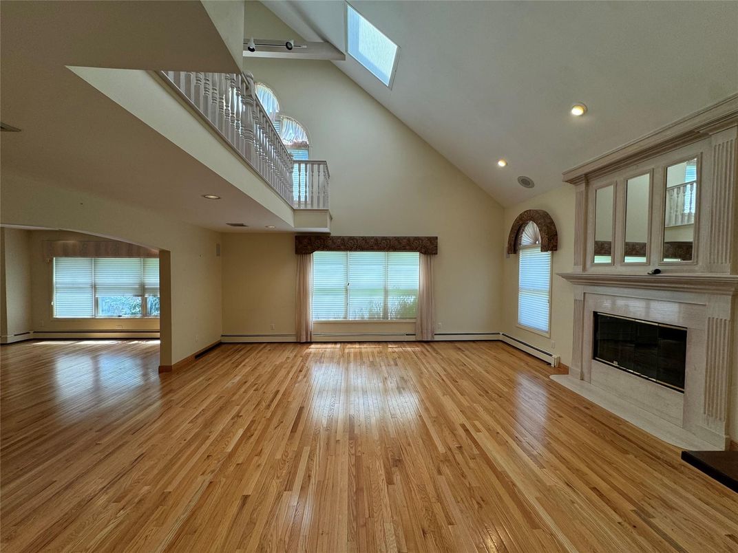 Empty room, Fireplace, Interior, Recessed Lighting, Wood Texture Flooring