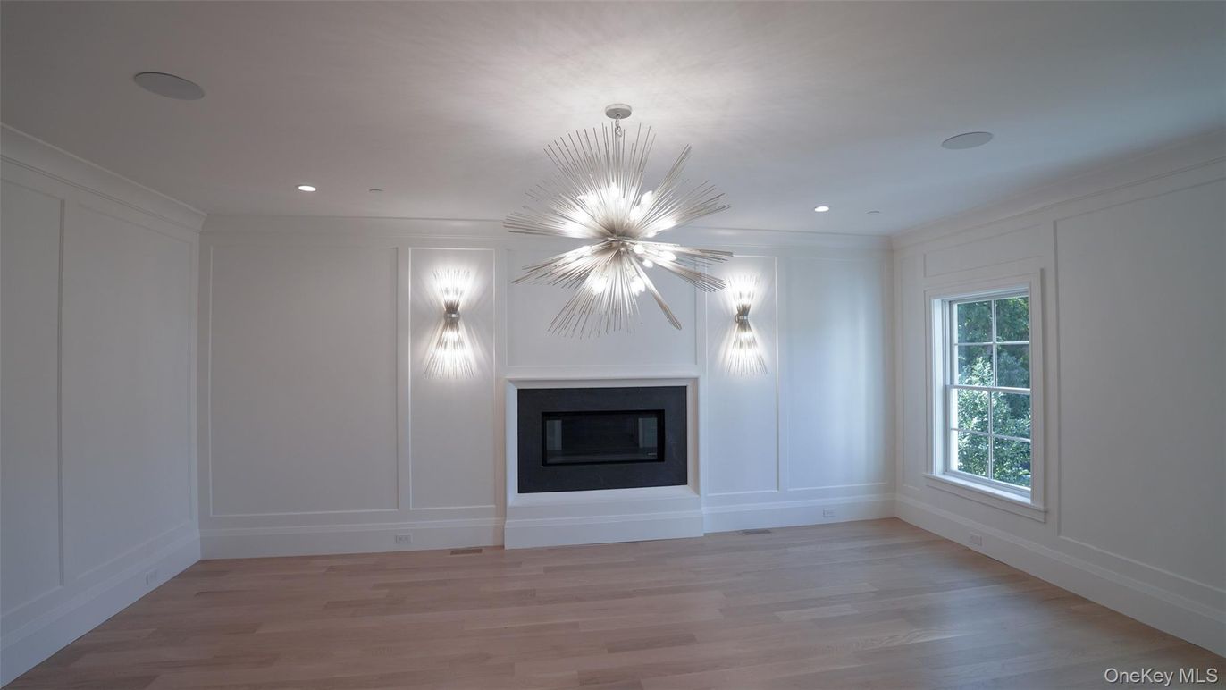 Empty room, Fireplace, Interior, Recessed Lighting, Wood Texture Flooring