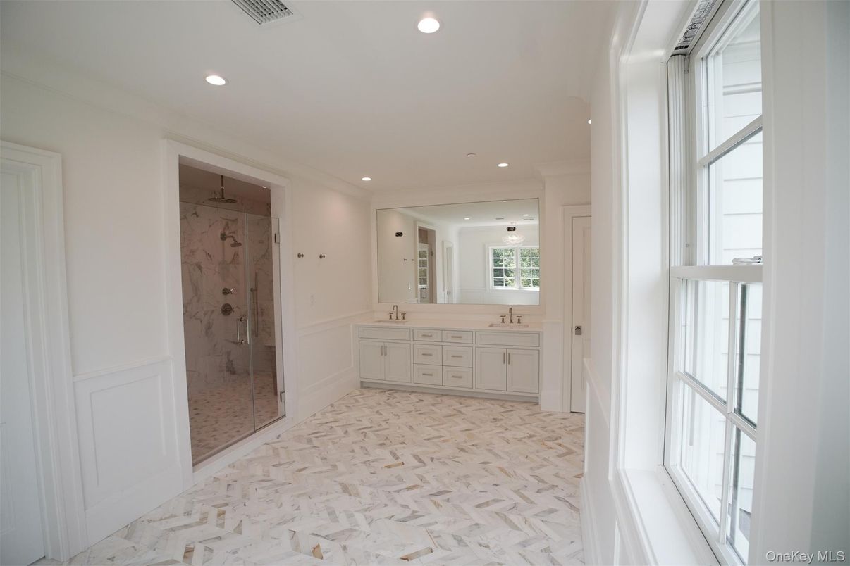Bathroom, Glass Shower, Interior, Marble Walls, Recessed Lighting