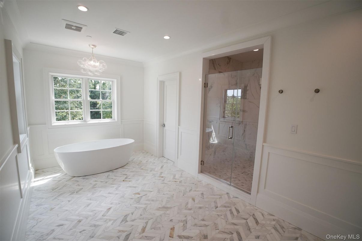 Bathroom, Free Standing Baths, Glass Shower, Interior, Marble, Marble Walls, Recessed Lighting