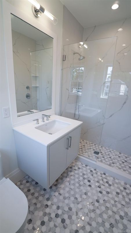Bathroom, Glass Shower, Interior, Marble Walls, Recessed Lighting
