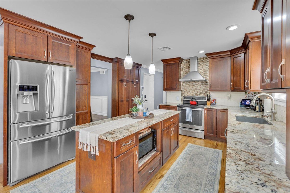 Interior, Kitchen, Pendant Lights, Recessed Lighting, Stainless Steel Appliances, Wood Texture Flooring