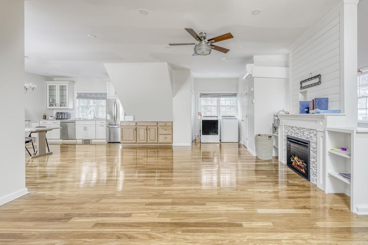 Empty room, Fireplace, Interior, Kitchen, Wood Texture Flooring