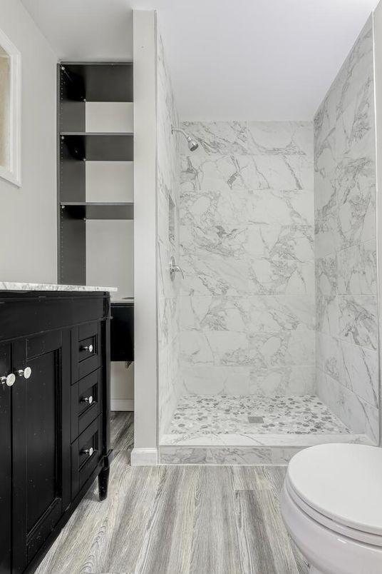 Bathroom, Interior, Marble Walls, Wood Texture Flooring
