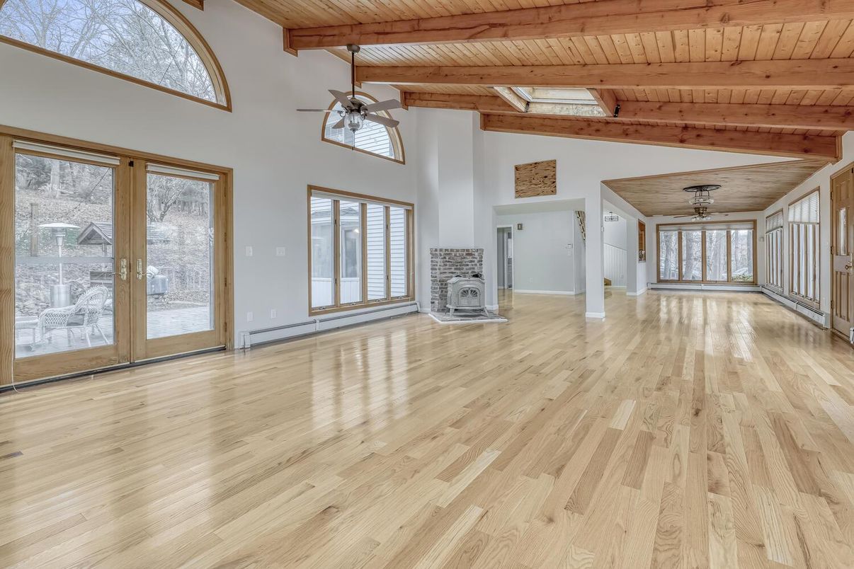 Empty room, Fireplace, Interior, Wooden Beams, Wooden Ceilings, Wood Texture Flooring