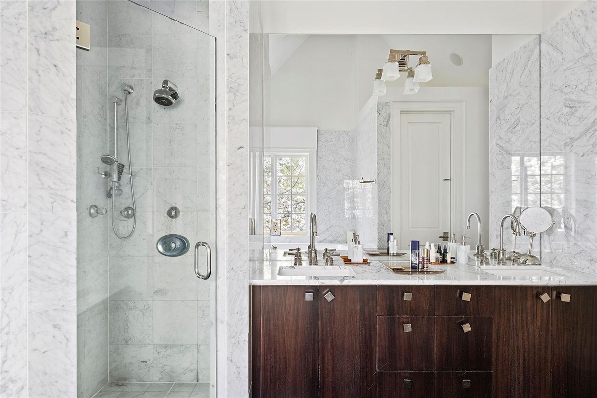 Bathroom, Dual Sink Vanities, Glass Shower, Interior, Marble Walls