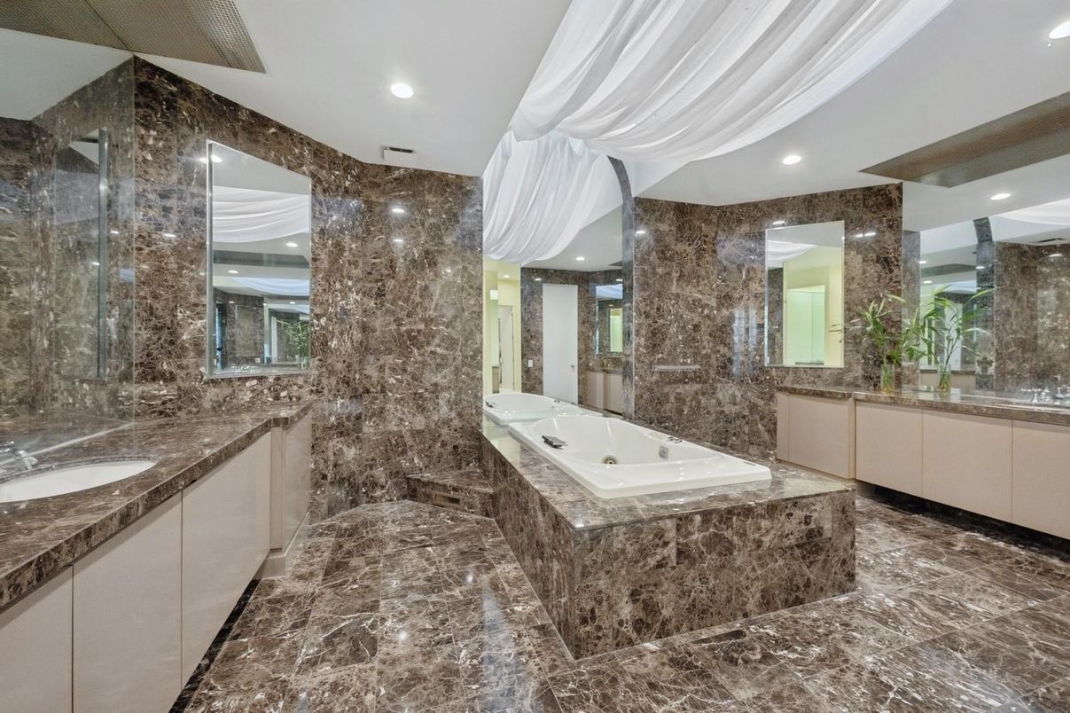 Bathroom, Dual Sink Vanities, Glass Shower, Interior, Marble, Recessed Lighting