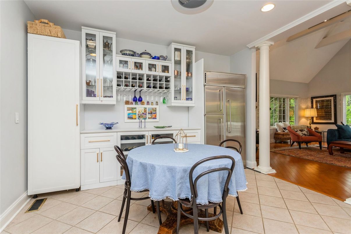 Dining room, Interior, Kitchen, Living room, Recessed Lighting, Stainless Steel Appliances, Wood Texture Flooring