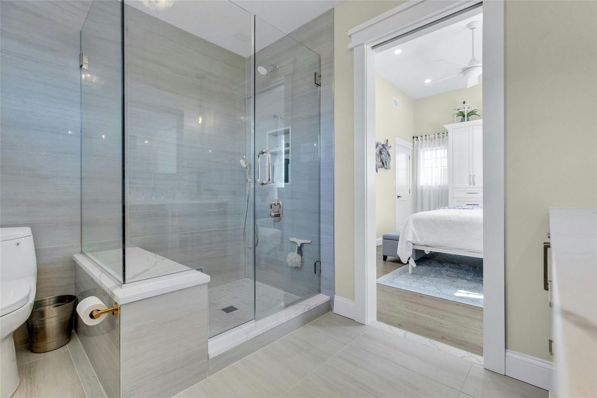 Bathroom, Glass Shower, Interior, Recessed Lighting, Wood Texture Flooring