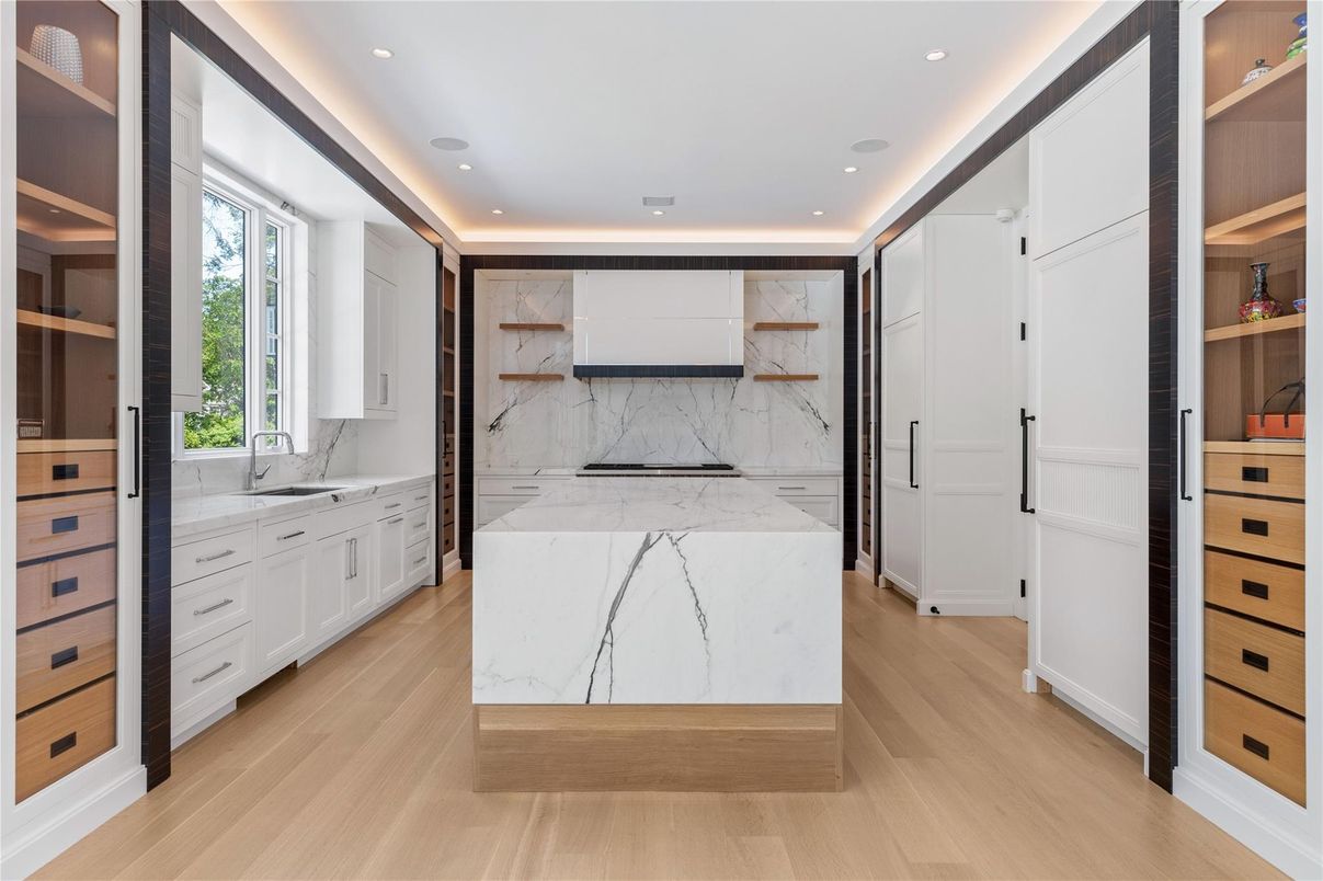 Interior, Marble Walls, Recessed Lighting, Wood Texture Flooring
