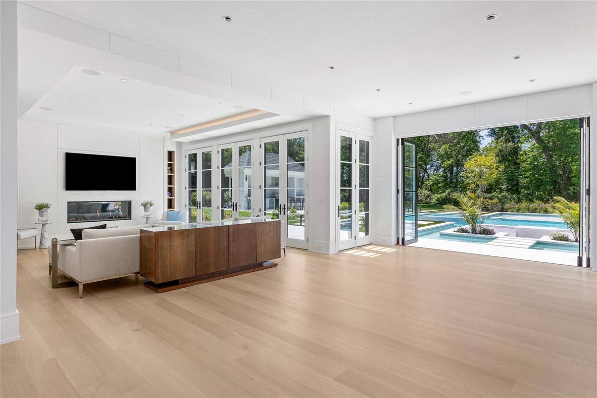 Fireplace, Interior, Living room, Recessed Lighting, Wood Texture Flooring