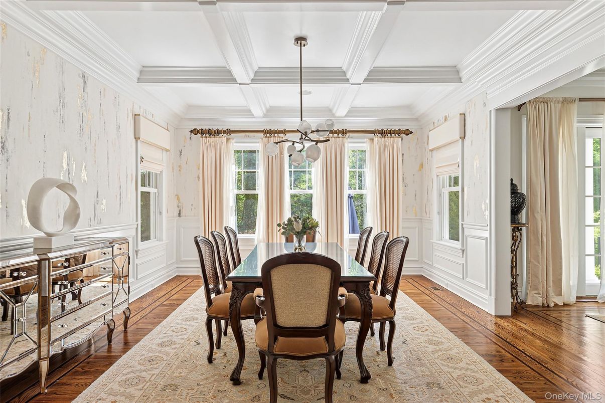 Dining room, Interior, Pendant Lights, Wood Texture Flooring