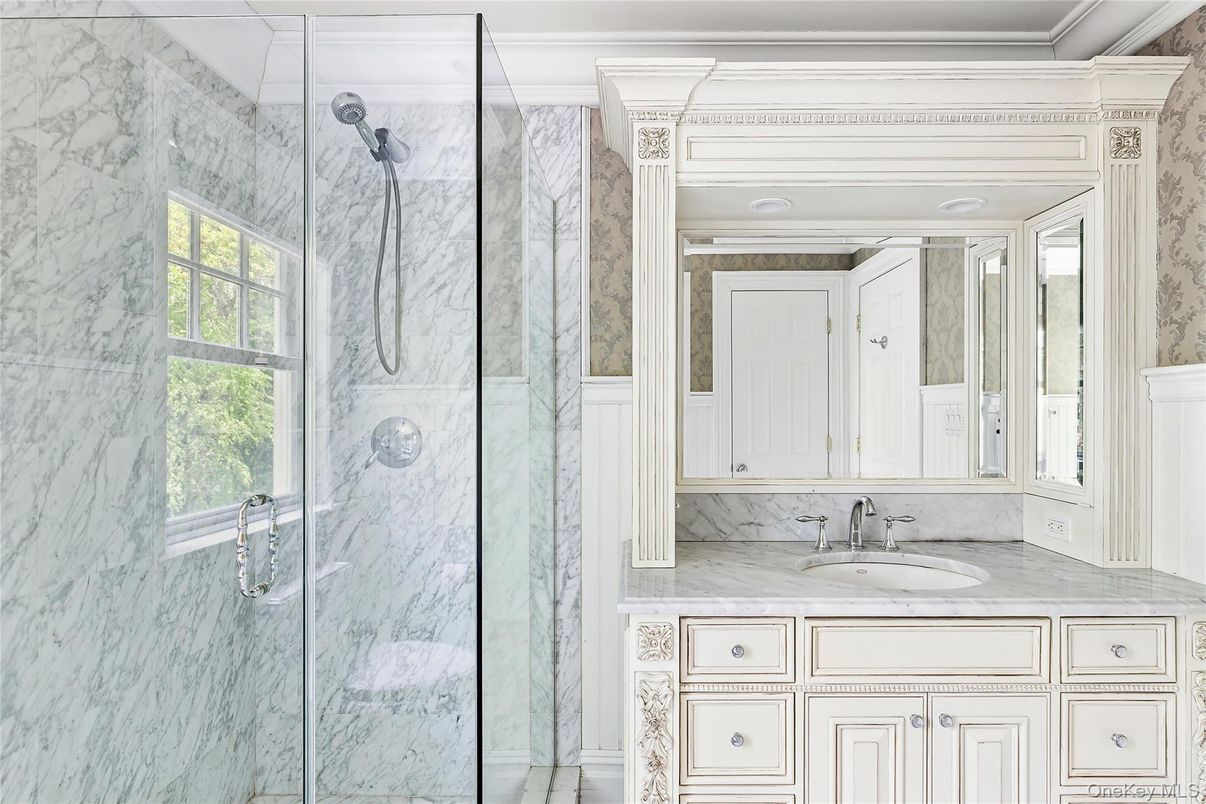 Bathroom, Glass Shower, Interior, Marble Walls