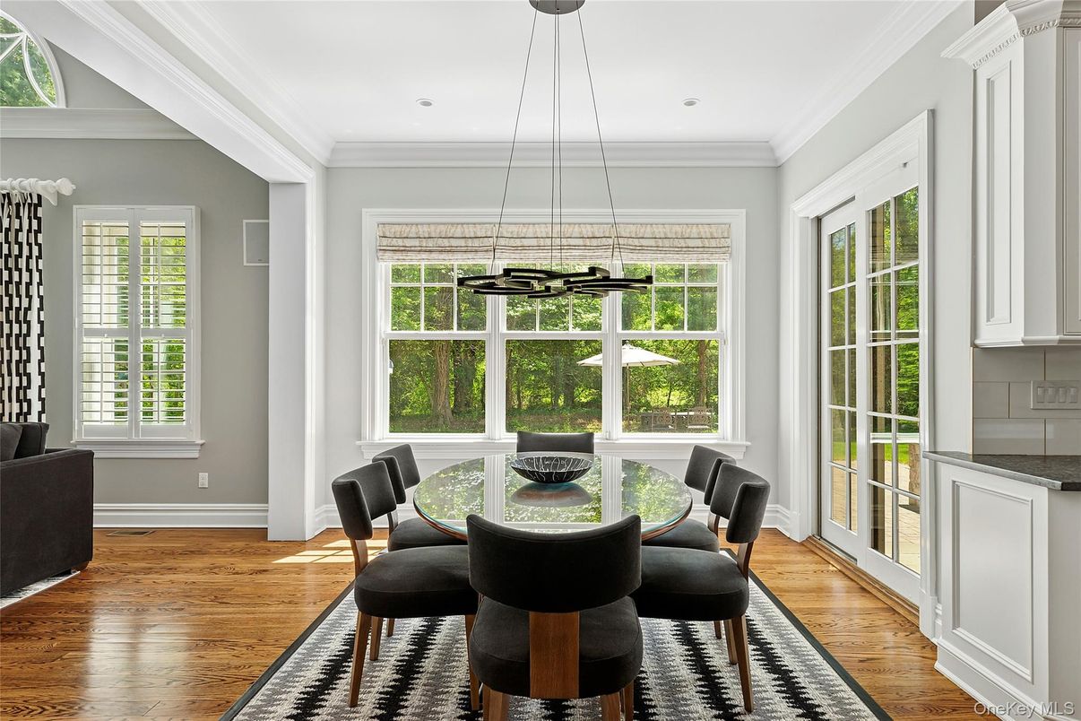 Dining room, Interior, Pendant Lights, Recessed Lighting, Wood Texture Flooring