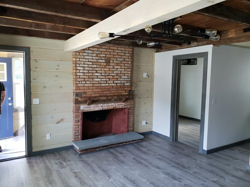 Empty room, Fireplace, Interior, Stone Walls, Wooden Beams, Wooden Ceilings, Wood Texture Flooring, Wooden Walls