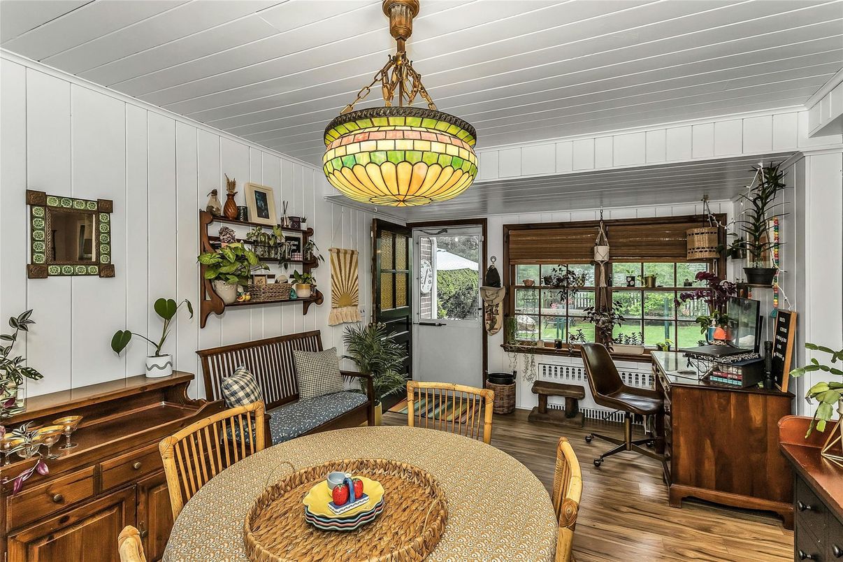 Dining room, Interior, Pendant Lights, Wood Texture Flooring