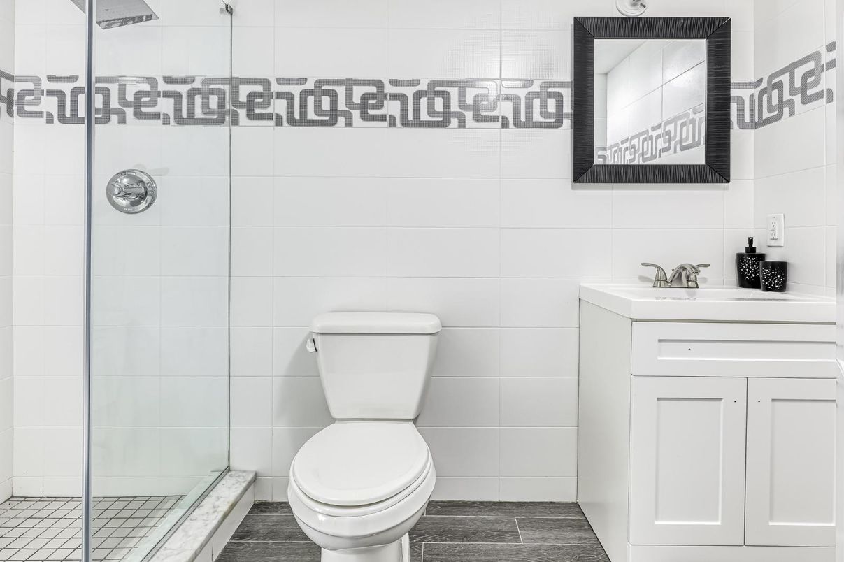 Bathroom, Glass Shower, Interior, Wood Texture Flooring
