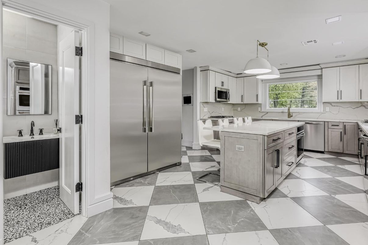 Interior, Kitchen, Marble, Pendant Lights, Recessed Lighting, Stainless Steel Appliances