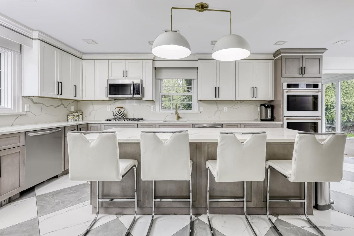 Interior, Kitchen, Marble, Marble Walls, Pendant Lights, Stainless Steel Appliances