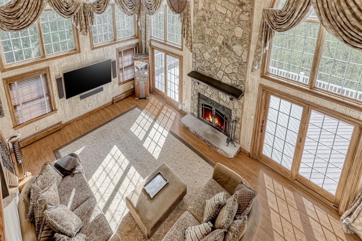 Fireplace, Interior, Living room, Stone Walls, Wood Texture Flooring