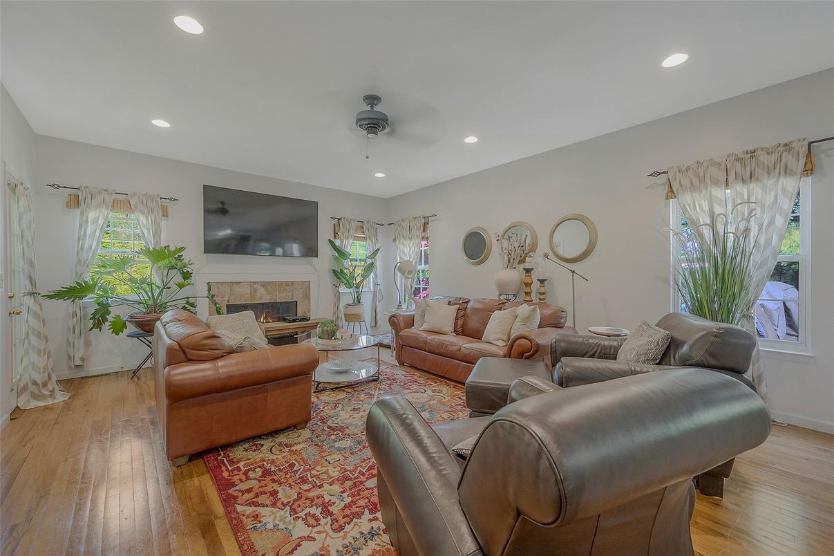 Fireplace, Interior, Living room, Recessed Lighting, Wood Texture Flooring