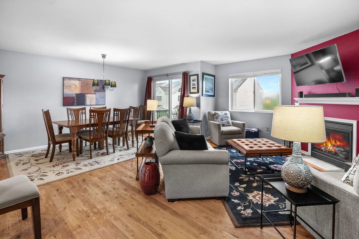 Dining room, Fireplace, Interior, Living room, Pendant Lights, Wood Texture Flooring