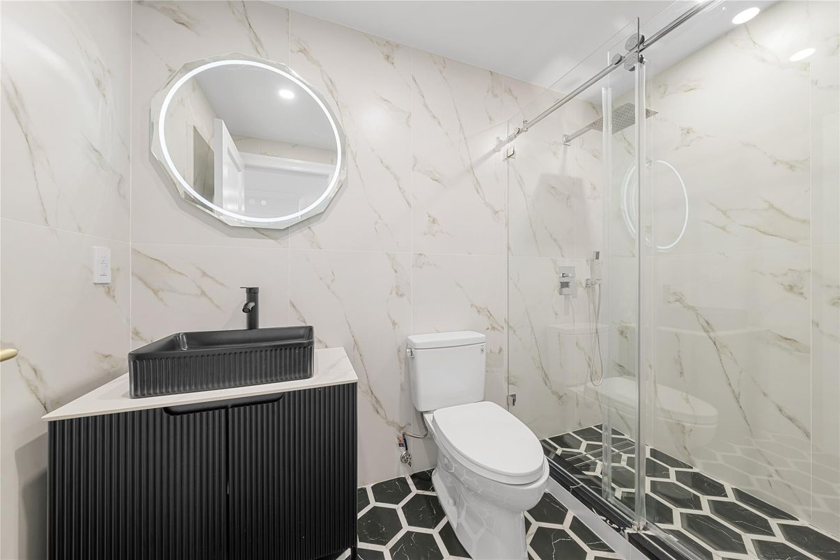 Bathroom, Glass Shower, Interior, Marble Walls, Recessed Lighting