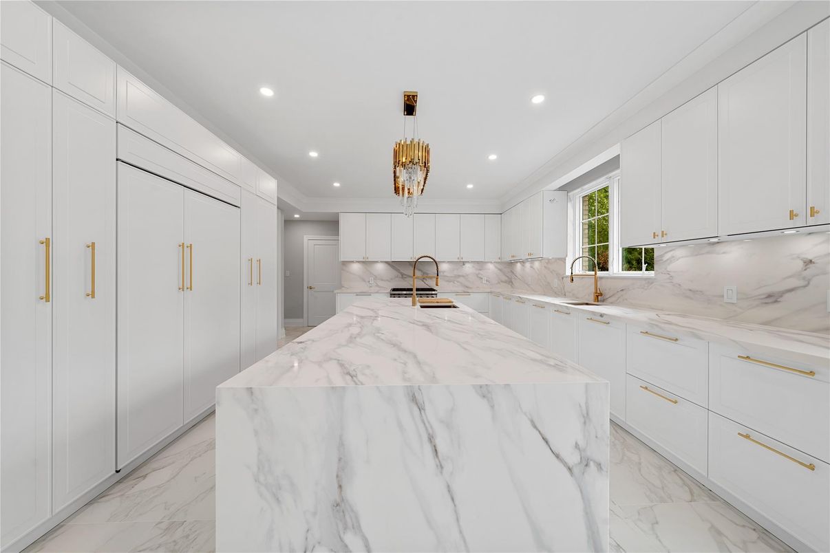 Interior, Kitchen, Marble, Marble Walls, Pendant Lights, Recessed Lighting