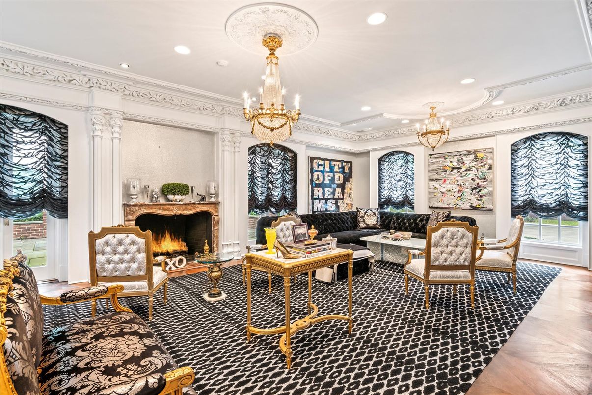 Chandelier, Fireplace, Interior, Living room, Recessed Lighting, Wood Texture Flooring