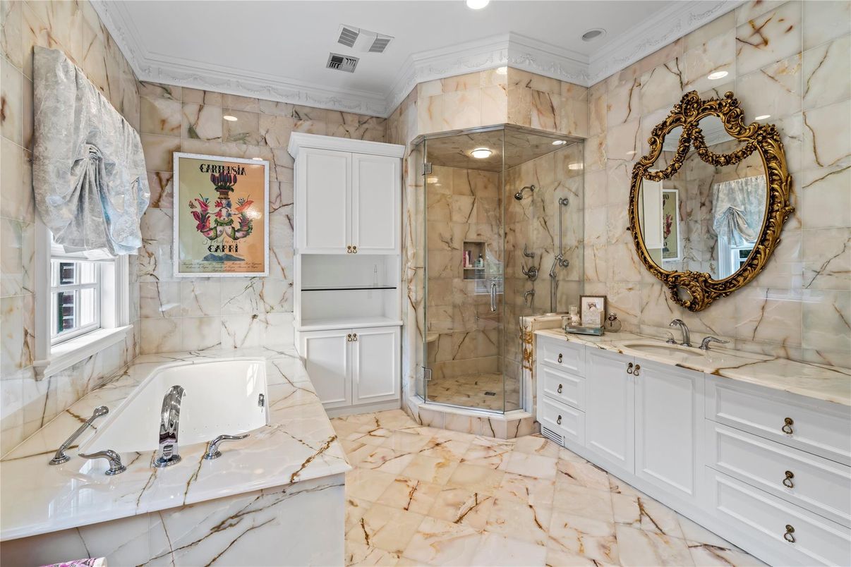 Bathroom, Glass Shower, Interior, Marble Walls, Recessed Lighting