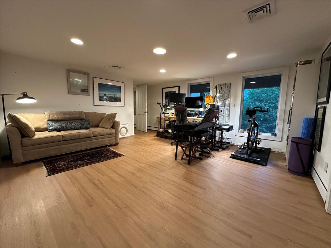 Dining room, Fitness Equipment, Interior, Living room, Recessed Lighting, Wood Texture Flooring