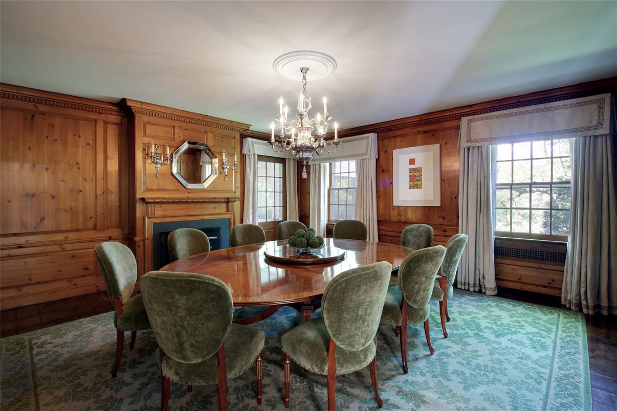Chandelier, Dining room, Fireplace, Interior, Wood Texture Flooring, Wooden Walls