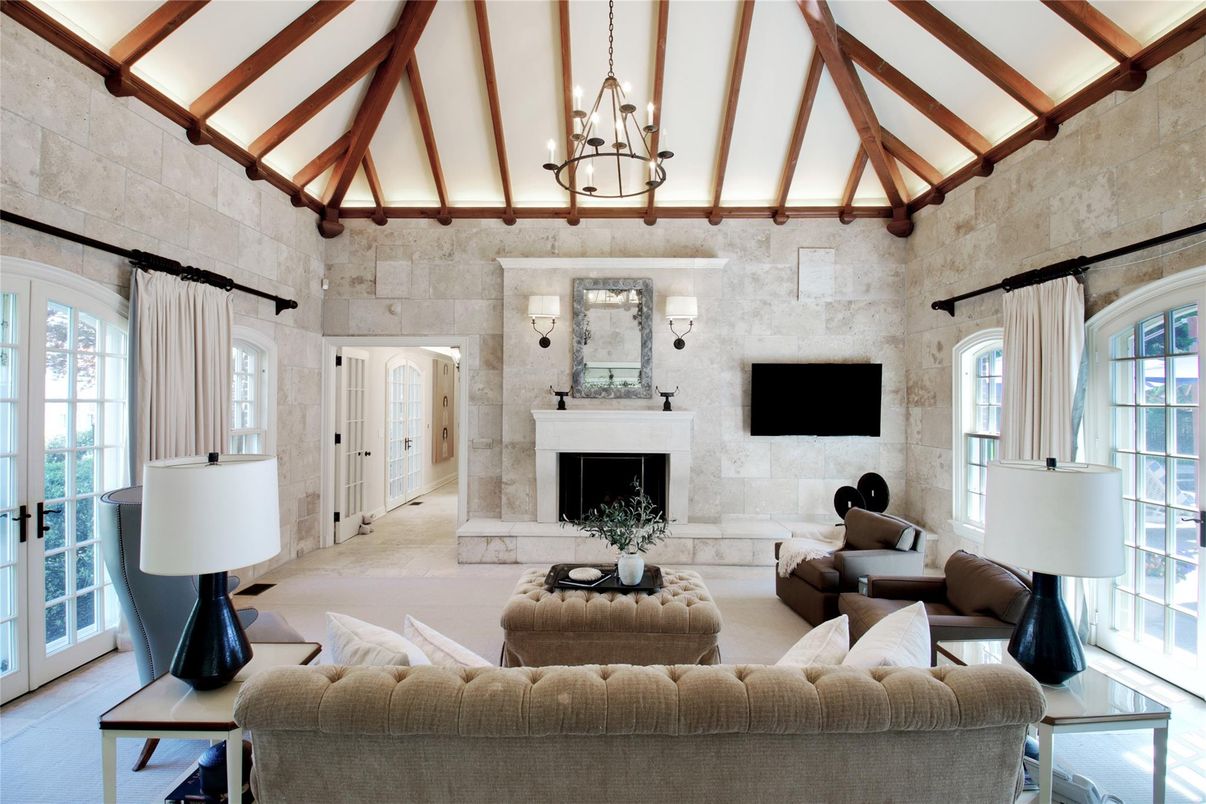 Chandelier, Fireplace, Interior, Living room, Stone Walls, Wooden Beams