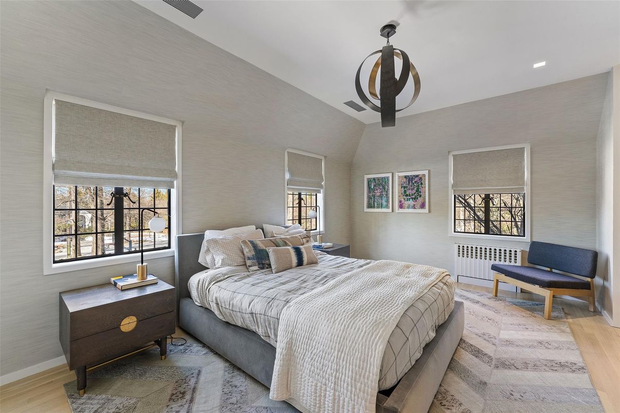 Bedroom, Interior, Pendant Lights, Recessed Lighting, Wood Texture Flooring