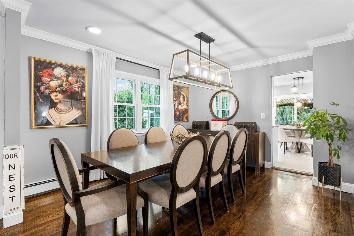 Dining room, Interior, Pendant Lights, Recessed Lighting, Wood Texture Flooring